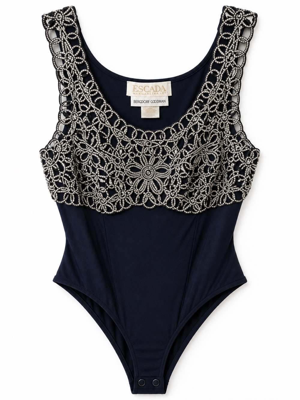 Escada Margaretha Ley Beaded Bodysuit Navy Silver NWT Size 8